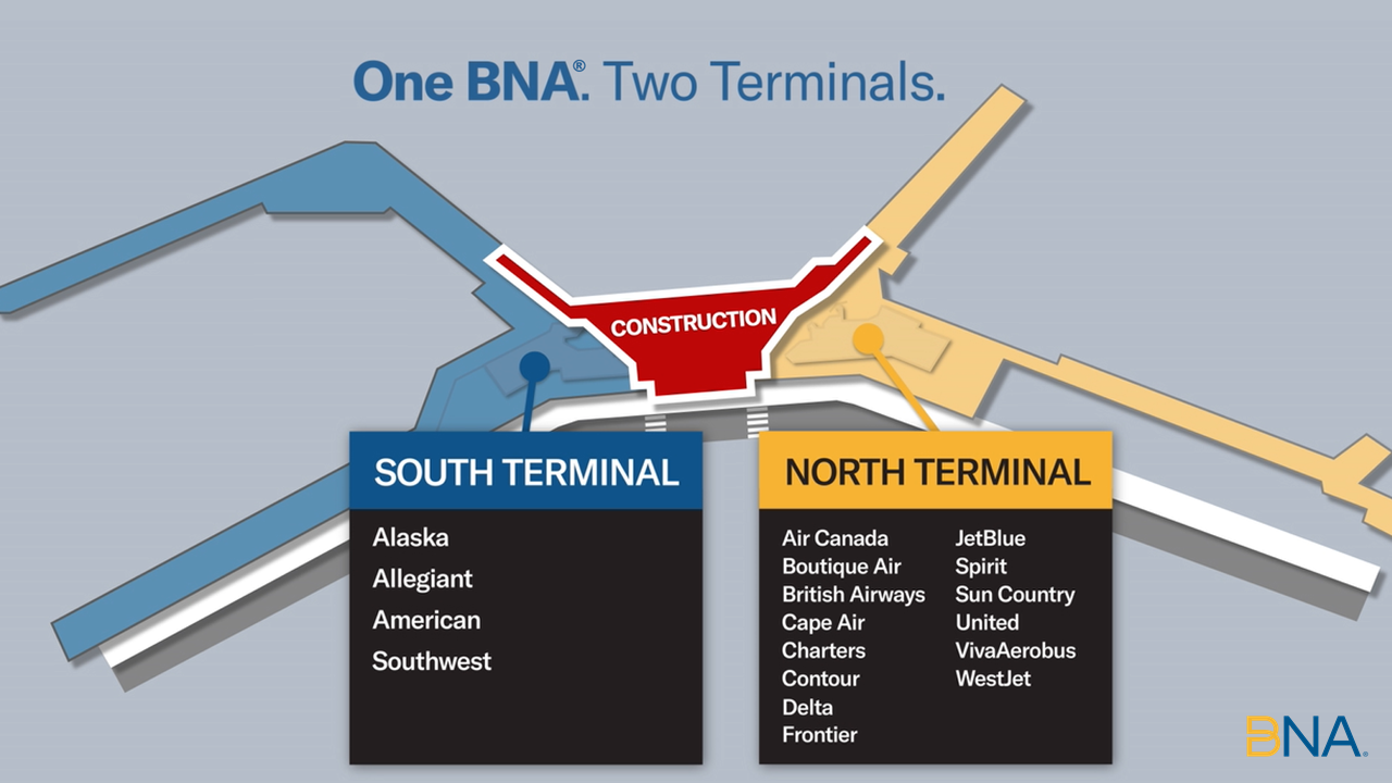 One BNA Two Terminals Map Airlines Lists 